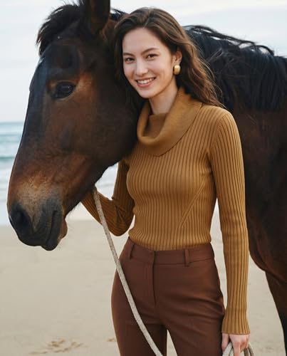 Image of v28 Women's Stretchable Cowl Neck Knit Long Sleeve Slim Fit Bodycon Sexy Sweater