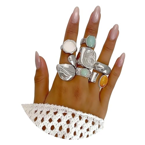 Image of 7-Piece Set of Chunky Square Silver Open Statement Rings for Women