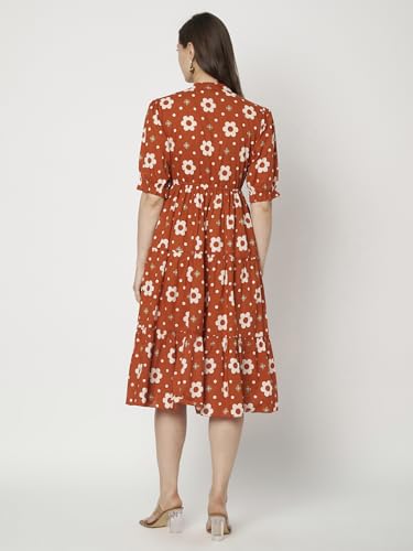 Image of Women's Floral Summer Maxi Dress I Cotton Printed I One Piece Bodycon Midi Dress with V-Neck, Puffed Sleeves