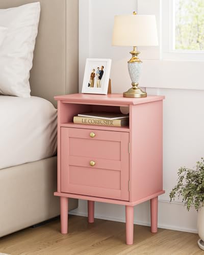 HEYZOEY Table de chevet en bois rose avec porte et compartiment ouvert, table d'appoint avec espace de rangement pour chambre à coucher, salon, table de...