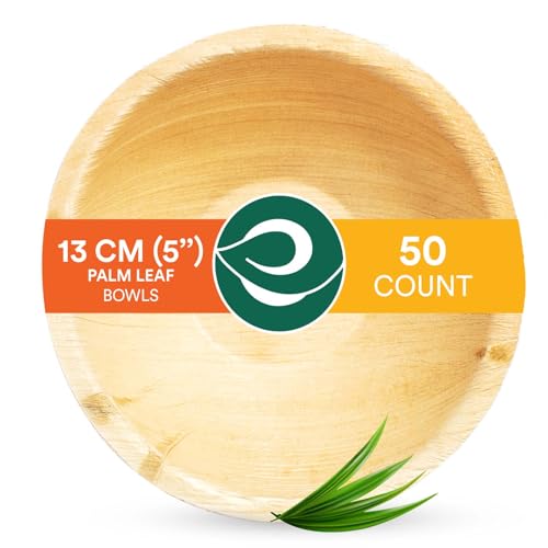 ECO SOUL 50 Disposable Palm Leaf Bowls 5 (8oz) 230ml Round Compostable Dessert Bamboo Bowl | Sturdy Eco Friendly Biodegradable Heavy-Duty Bamboo Salad Bowl for Hot & Cold Food