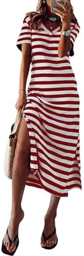 BLENCOT Women Summer Dress Striped Short Sleeve V Neck Sundress Casual Side Slit Beachwear T-Shirt Dresses
