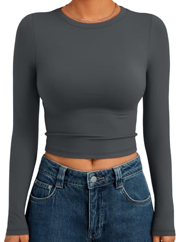Trendy Queen Womens Long Sleeve Crop Tops Basic Slim Fitted Shirts Casual Fashion 2025 Going Out Y2k Tops Teen Girl Clothes Gray L