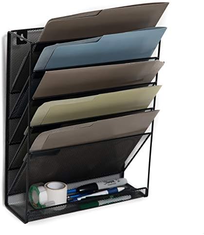 Klickpick Office 5 Sections Hanging Files Wall Mounted Metal Mesh Document File Organizer Magazine Holder Rack Desk Organizer Racks Multipurpose Use to Display Files, Magazine, Newspapers- Black