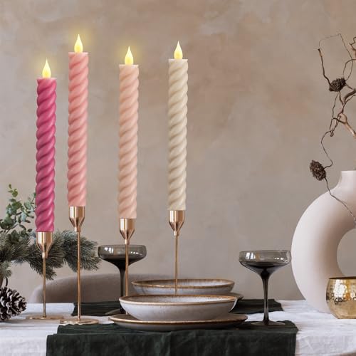 Image of Baquler 6 Pcs Pastel Pink Flameless Taper Candle Twisted LED 9.65 Inch Taper Candles Battery Operated Spiral Candlesticks for Valentine Wedding Birthday Home Party Holiday Dinner Fireplace