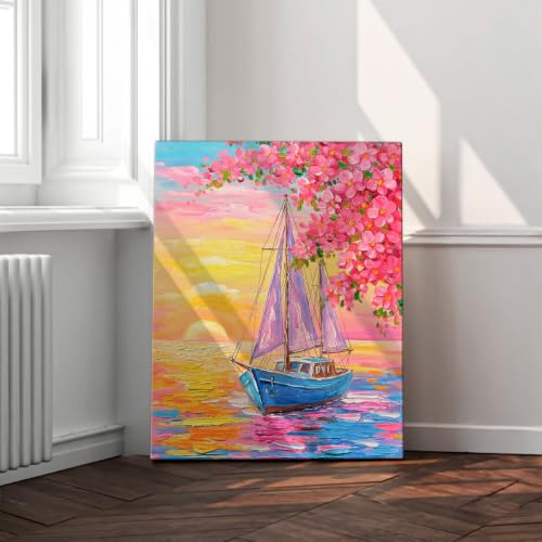 Image of ArtX Boat Canvas Painting for Vastu, Colorful Landscape Wall Art, Cherry Blossom Nature Canvas Painting, Gallery Wrapped Canvas for Living Room, Bedroom, Office Decor, 45 x 58 cm