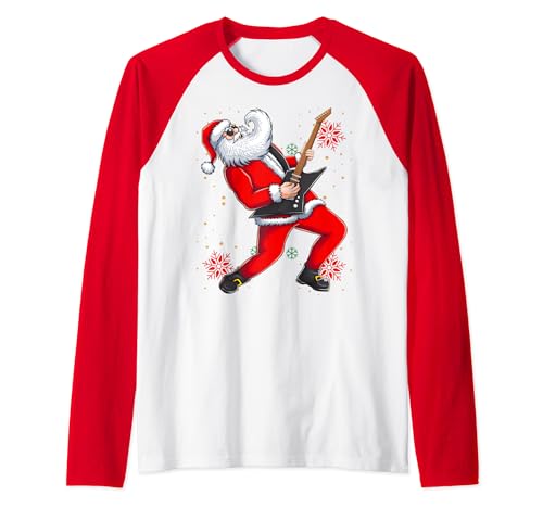 Guitarra Santa Navidad Claus Rock N Roll Ugly Xmas Sweater Camiseta Manga Raglan