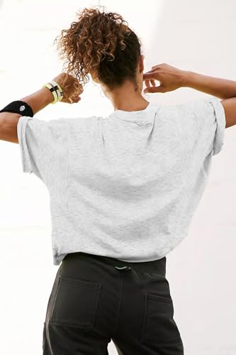 Image of HUGOOME Womens Oversized Workout Crop Top Casual Short Sleeve Boxy Roll Hem | Basic Half Split Sleeve Drop Shoulder Loose Yoga Running Gym Tee Cropped T-shirt Solid Trendy Relaxed Daily Tee