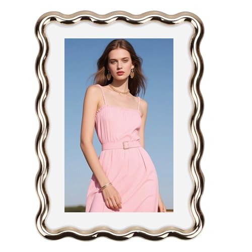 Image of Essovee 5X7 Metal Picture Frame with HD-Tempered Glass, Gold Wave Photo Frame with Velvet Back,Simple Picture Frame for Tabletop and Wall Mount Display for Valentine's Day/Mom Gift