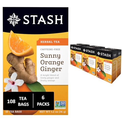 Image of Stash Tea Sunny Orange Ginger Herbal Tea - Naturally Caffeine Free, Non-GMO Project Verified Premium Tea with No Artificial Ingredients, 18 Count (Pack of 6) - 108 Bags Total