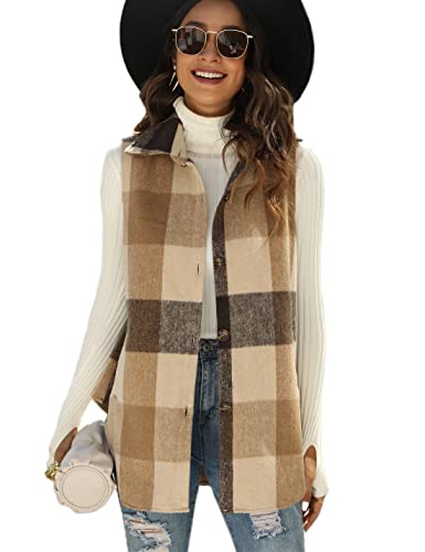 Tanming Women's Plaid Vest Brushed Flannel Sleeveless Shacket Shirt Jacket with Pockets