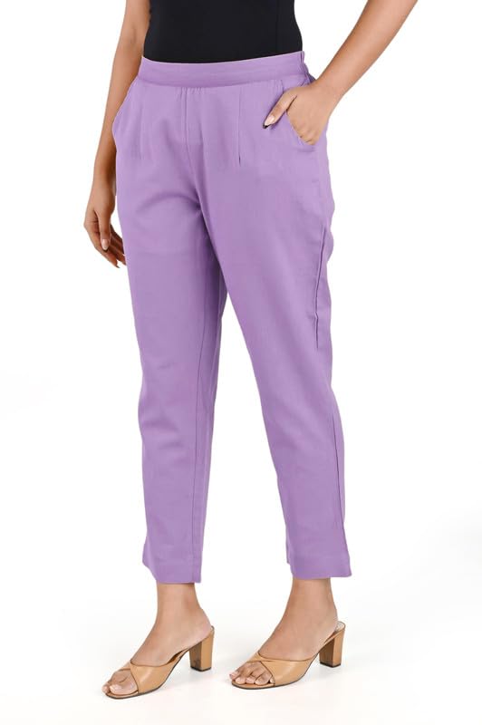Image of Women's Solid Straight Fit 100% Cotton Trousers | High Waist, Side Pockets, Ankle Length Pants for Office, Casual