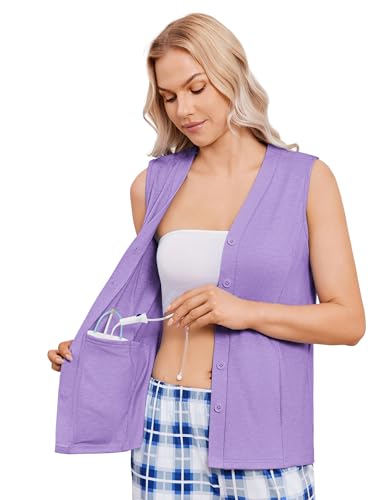 Deyeek Mastectomy Shirts with Drain Pockets Chemo Shirts for Ports Access Women Snap Post Shoulder Surgery Recovery Tank Tops