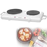 doppelkochplatte dkp-2500.15 weiß 2500 Watt - 2 Kochplatten: 1 x Durchmesser ca. 18 cm, 1500 Watt und 1 x Durchmesser ca. 15 cm, 1000 Watt - 2 stufenlos regelbare Thermostate - 2 Kontrollleuchten - Hitzebeständige Lackierung - Hohe Standfestigkeit