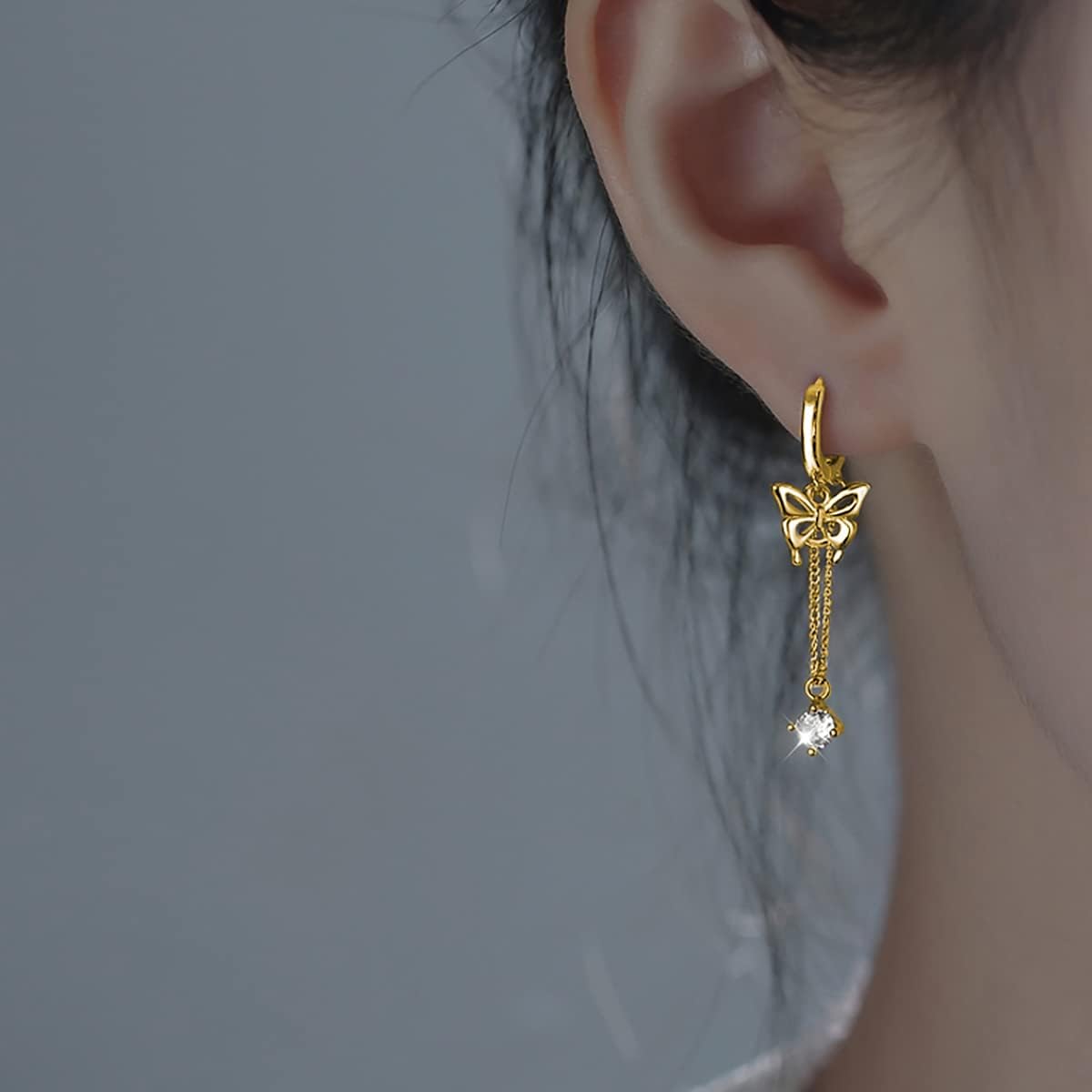 SLUYNZ Sterling Silver Butterfly Drop Dangle Small Hoop Earrings Chain for Women Teens CZ Butterfly Hoop Earrings Huggie - Image 3