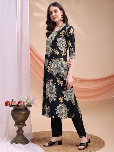 Image of Berrylicious Womens Embroidered & Floral Printed Rayon A-line Kurta with Pant & Dupatta | V-Neck | 3 /4 Sleeve | Ethnic Wear Set for Festive, Casual & Semi-Formal Occasions