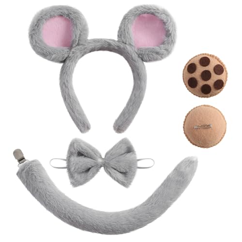 Nuolich Mouse Ears Headband Bow Tie Tail and 2PC Cookie Brooches Costume Accessories Set Party Dress Up