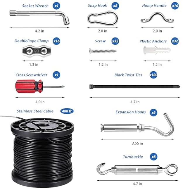String Light Hanging Kit with 400FT Vinyl Coated 304 Stainless Steel Wire Rope, Globe String Light Suspension Kit, Outdoor Light Guide Wire Kit Included Turnbuckles, Enough Accessories, Use Manual