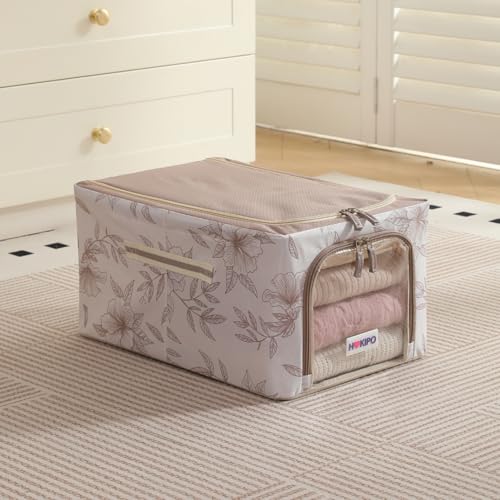 Image of HOKIPO Clothes Storage Box, 600D Oxford Fabric Organiser for Wardrobe, Latte Floral - Medium Pack of 1 (AR-6488-LBR)