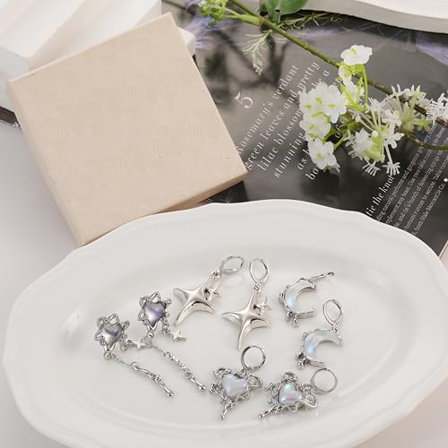 Y2K Earrings Moonstone Star Heart Drop Moon Punk Goth Dangling Earrings Aesthetic Jewelry Gift 4Pairs3