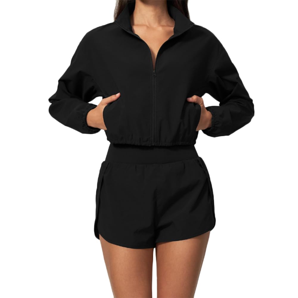 Abbigliamento sportivo asciugatura rapida completo elastico e traspirante | Giacca corta collo alto con zip protettiva dal sole abbinata a shorts 2-in-1 completo allenamento due pezzi leggero
