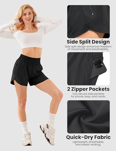 GetGigt 3er Pack Damen Sporthose Kurz Sport Shorts mit Reißverschlusstasche Kurze Hose Laufhose Damen Sommer Yoga Gym Shorts Trainingshose Laufshorts(M,Schwarz,Marineblau,Hellgrau)