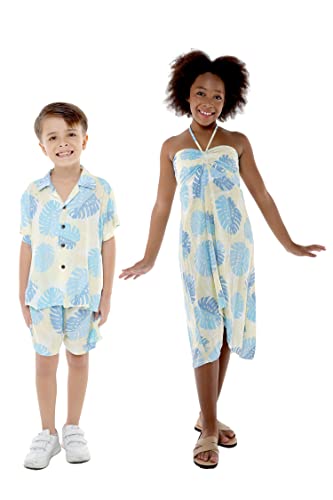 Matching Hawaiian Luau Sibling Boy Girl Butterfly Dress Aloha Shirt in Pacific Palm Cream