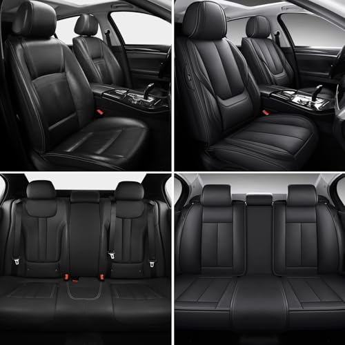 Image of MINGBRON Black Car Seat Cover with Lumbar Support, Car Seat Protector Waterproof, Nappa Leather Car Seat Cushion, Car Seat Covers Front Seats and Back Fit for Most Cars