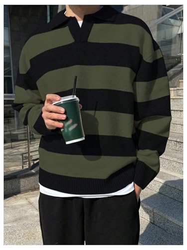 MakeMeChic Men's Striped Sweater Long Sleeve Notched Colorblock Loose Knit Pullovers3