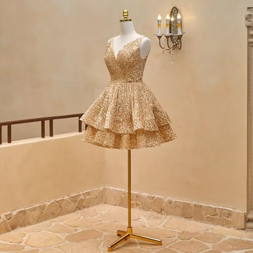 AIRXUNZ Sparkly Sequin Homecoming Dresses for Teens Wide Straps V Neck Tiered Cocktail Party Dress4