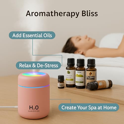 Image of Tikkitots H2O Mini Humidifier for Room & Home | 300ml Cool Mist Ultrasonic Aroma Diffuser with 7 Color LED Night Light | Quiet USB Humidifire for Car, Office, Bedroom
