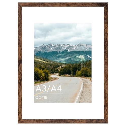 QOTIB A3 Picture Frame with A4 Mat Display 8.3x11.7 inch A4 with Mat or 11.7x16.5 inch A3 without Wood 11.7 by 16.5 Photo Frame 11.7 x 16.5 Frame for Wall Hanging Deep Brown