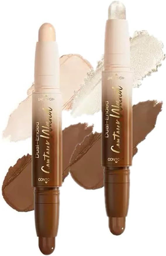 Contour Stick Makeup Set, 2 Dual-Ended Highlighter Makeup Pens & Face Shaping Contouring Sticks, Long-Lasting Waterproof Cream bronzer and Highlighter Sticks, Suitable for All Skin Tones