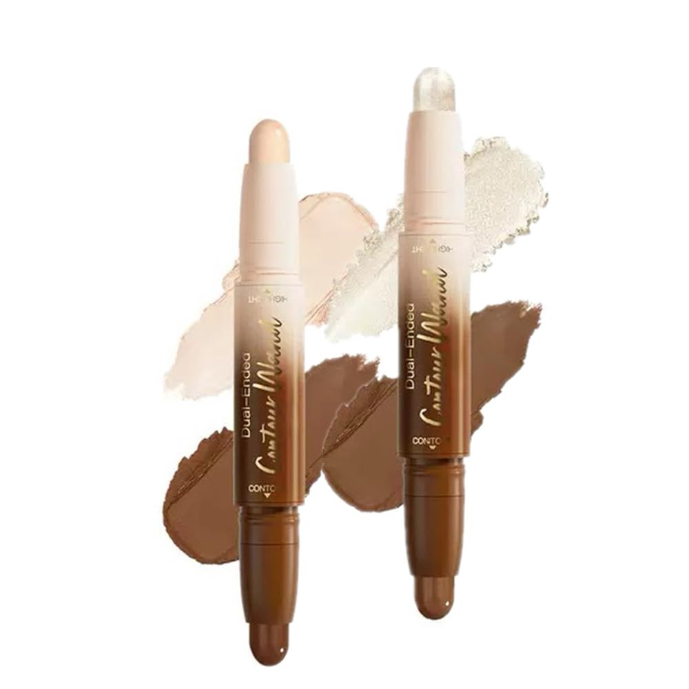 Contour Stick Makeup Set, 2 Dual-Ended Highlighter Makeup Pens & Face Shaping Contouring Sticks, Long-Lasting Waterproof Cream bronzer and Highlighter Sticks, Suitable for All Skin Tones