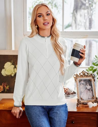 JACK SMITH Pullover Sweaters for Women Long Sleeve Argyle Quarter Zipper Collar Polo Sweater Ribbed Knit Golf Tops3