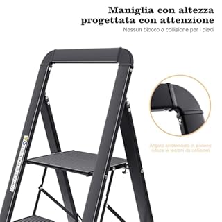 KINGRACK Scala 5 Gradini in Alluminio, Leggera con Corrimano, Blocco di Sicurezza, Pedali Antiscivolo, Scala Pieghevole per Cucina Garage Casa, Salvaspazio, Robusta e Portatile, Massima 150kg, Nero