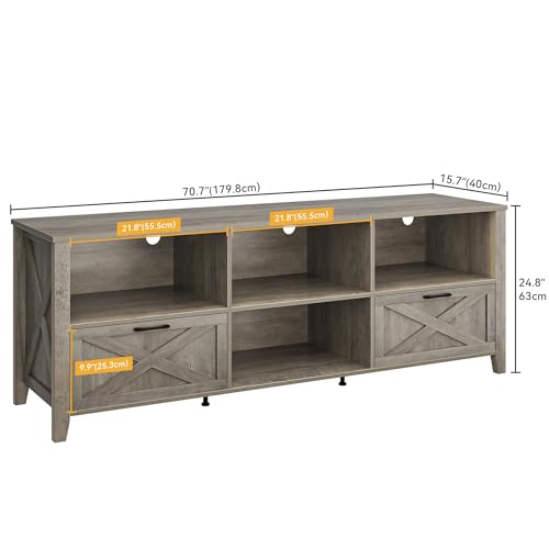 DWVO 70 Inch Farmhouse TV Stand with LED Lighting, Fits TVs up to 80 Inches, Media Console with Storage and Customizable Divider, Entertainment Center for Living Room (Grey)