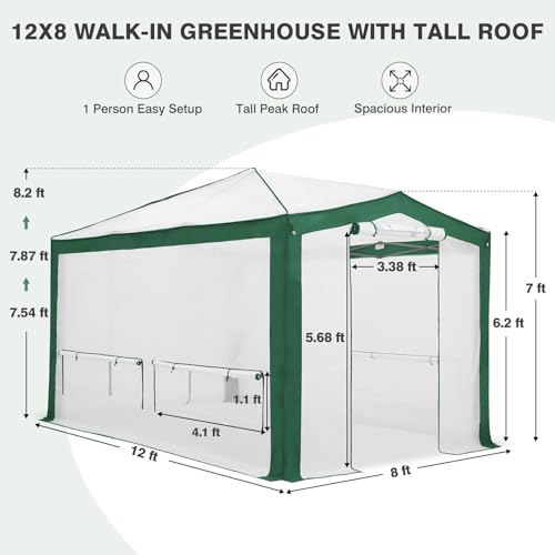 Image of EAGLE PEAK 12x8 Walk in Pop Up Greenhouse, Support Pole, Green /White