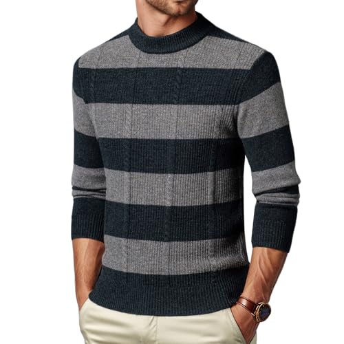 Men's Long-Sleeved 100% Wool Fisherman Knit Round-Neck Striped Warm Sweater
