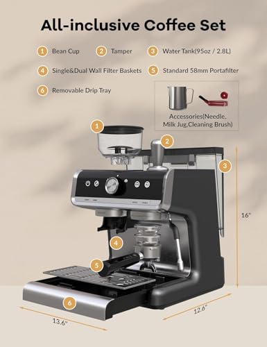 Image of Takywep Professional Espresso Machine, 20 Bar, with Grinder and Milk Frother, Removable 95 oz Water Tank for Latte and Cappuccinos, Stainless Steel Coffee Maker for Use