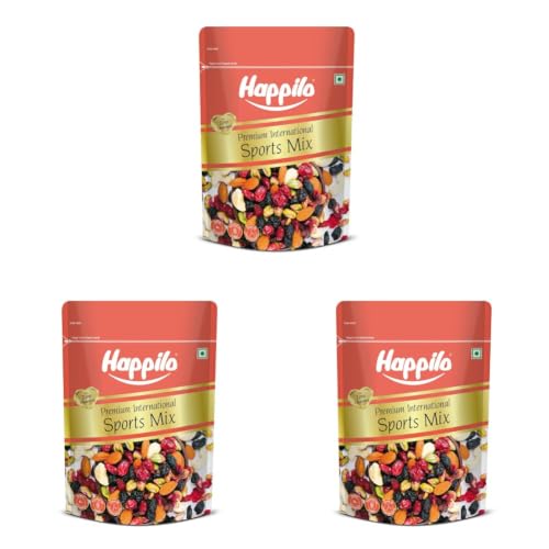 Image of Happilo Premium International Sports Mix 350g Value Pack | Contains Dried Cranberries & Blueberries, Roasted Kaju Nuts, Almonds & Pista, Black Raisins | Premium & Nutritious Superfood Mix (Pack of 3)