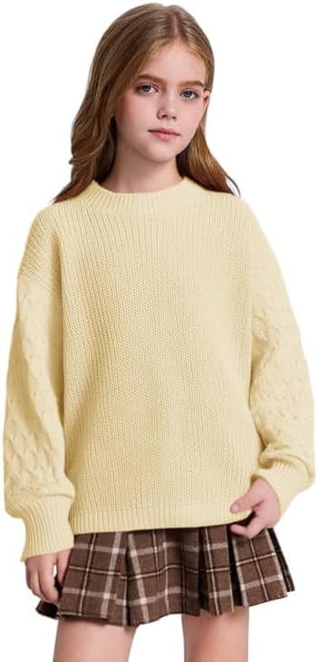 Girls Crewneck Sweaters Casual Long Sleeve Drop Shoulder Pullover Sweaters Fall Oversized Cable Knit Tops - Image 2