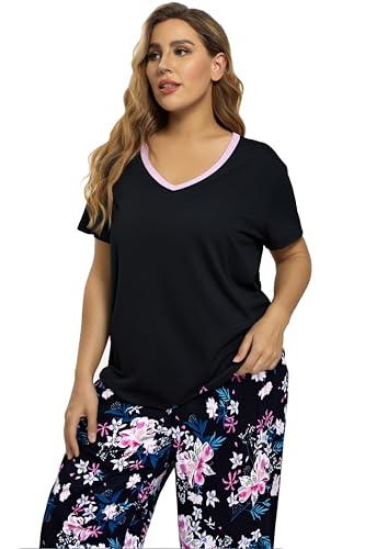 Image of Vozanet Women's Pajamas Set Soft V Neck Sleepwear Top and Capri Pj Lounge Sets Cartoon Heart Shape Cat Nighty Plus Size