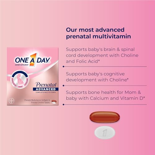 One A Day Womens Prenatal Advanced Complete Multivitamin with Brain Support* with Choline, Folic Acid, Omega-3 DHA & Iron for Pre, During and Post Pregnancy, 30+30 Count (60 Total Set) - Image 3