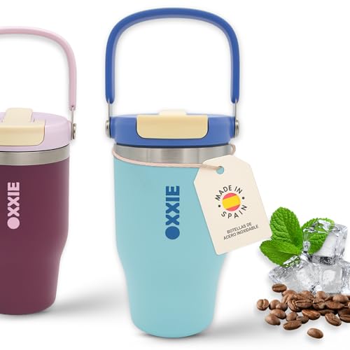 OXXIE Vaso Termo Cafe Para Llevar Pequeño 500ml, Taza de Cafe de Acero Inoxidable con Asa, Vaso Termico con Tapa Hermetica 2 en 1, Aislamiento de Doble Pared, Reutilizable y Antigoteo (Azul)