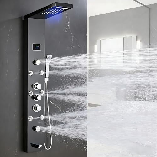 Image of LED 5-in-1 Shower Panel Tower System,Brushed Black