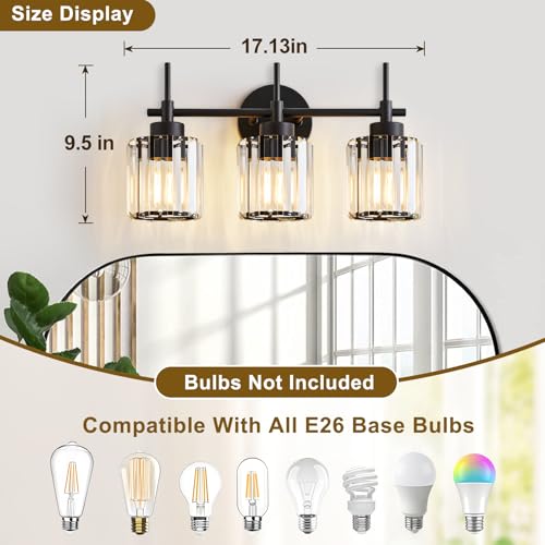 Image of EJIAXIN 3 Light Black Crystal Vanity Light, Modern Bathroom Vanity Light Over Mirror, Up and Down Mount Wall Sconce Lighting for Bathroom Bedroom Living Room Hallway