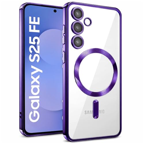Image of VONZEE Clear Logo Electroplating Transparent Case for Samsung S25 FE 5G, Magnetic Plating [Support for MagSafe Charger] Electroplate TPU Cover, Individual Camera Protection for Each Lens - Deep Purple