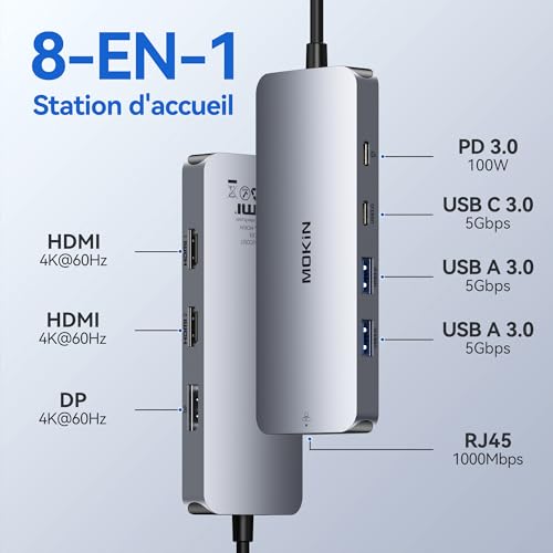 Image of Displaylink Docking Station 3 Monitors USBC Laptop Dock Dual Triple Display with 3 HDMI, 2 DP, DC Power, USB A&C for MacBook M1 M2 M3 /Dell /HP /Lenovo