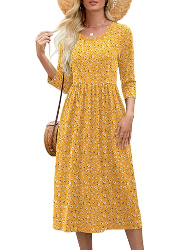 Image of Heymoments Women's Casual 3 /4 Sleeve Midi Dress Crewneck A Line Tiered Flowy Loose Travel Long Dresses with Pockets